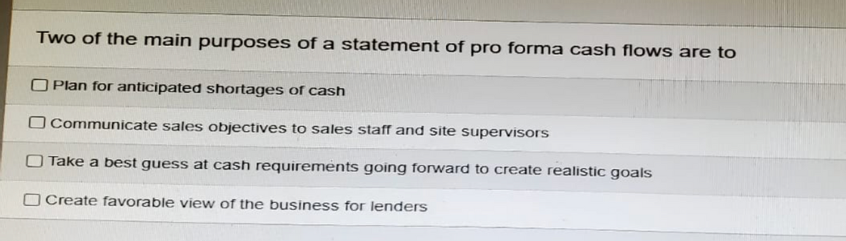 Two of the main purposes of a statement of pro forma cash flows are to
Plan for anticipated shortages of cash
Communicate sales objectives to sales staff and site supervisors
Take a best guess at cash requirements going forward to create realistic goals
Create favorable view of the business for lenders
