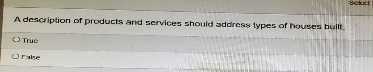 A description of products and services should address types of houses built.
True
O False
Select