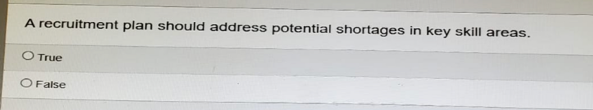 A recruitment plan should address potential shortages in key skill areas.
True
O False