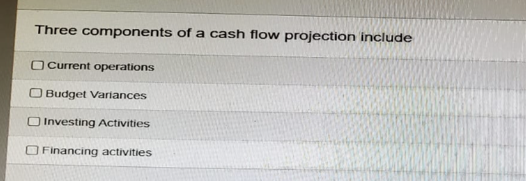 Three components of a cash flow projection include
Current operations
Budget Variances
Investing Activities
Financing activities