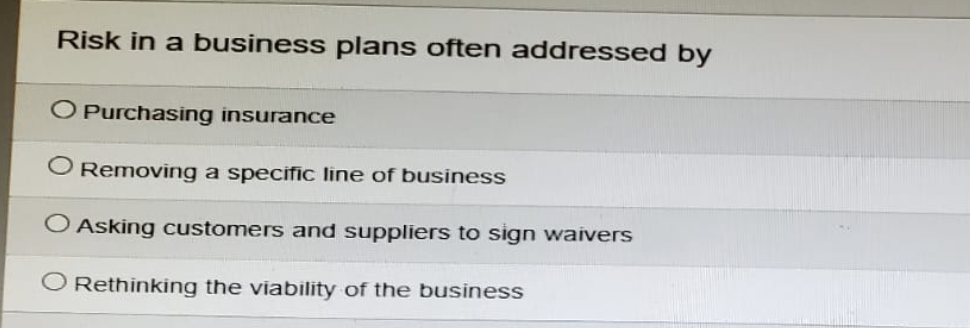 Risk in a business plans often addressed by
Purchasing insurance
O Removing a specific line of business
Asking customers and suppliers to sign waivers
Rethinking the viability of the business