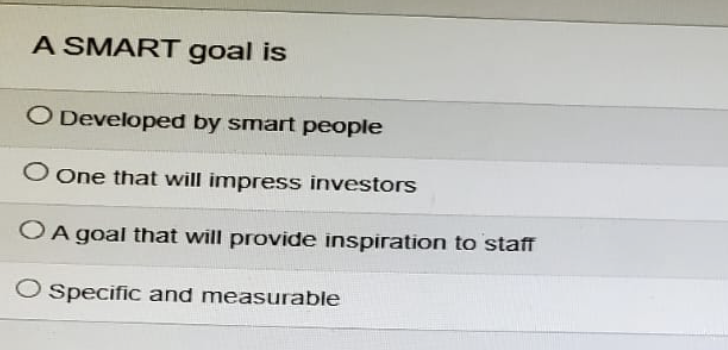 A SMART goal is
O Developed by smart people
O One that will impress investors
OA goal that will provide inspiration to staff
O specific and measurable