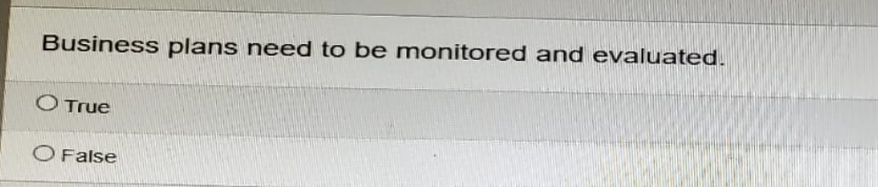 Business plans need to be monitored and evaluated.
True
O False