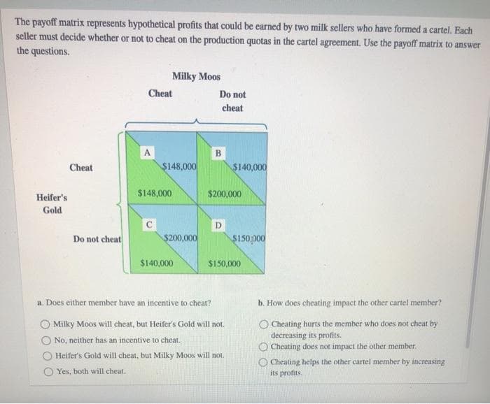 The payoff matrix represents hypothetical profits that could be earned by two milk sellers who have formed a cartel. Each
seller must decide whether or not to cheat on the production quotas in the cartel agreement. Use the payoff matrix to answer
the questions.
Heifer's
Gold
Cheat
Do not cheat
Cheat
A
Milky Moos
$148,000
$148,000
$200,000
$140,000
Do not
cheat
B
a. Does either member have an incentive to cheat?
$200,000
D
$140,000
$150,000
Milky Moos will cheat, but Heifer's Gold will not.
No, neither has an incentive to cheat.
Heifer's Gold will cheat, but Milky Moos will not.
Yes, both will cheat.
$150,000
b. How does cheating impact the other cartel member?
O Cheating hurts the member who does not cheat by
decreasing its profits.
Cheating does not impact the other member.
Cheating helps the other cartel member by increasing
its profits.