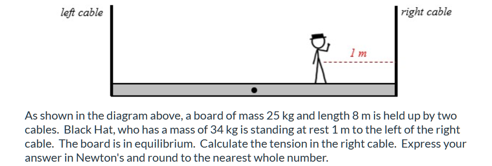 left cable
| right cable
1 m
As shown in the diagram above, a board of mass 25 kg and length 8 m is held up by two
cables. Black Hat, who has a mass of 34 kg is standing at rest 1 m to the left of the right
cable. The board is in equilibrium. Calculate the tension in the right cable. Express your
answer in Newton's and round to the nearest whole number.
