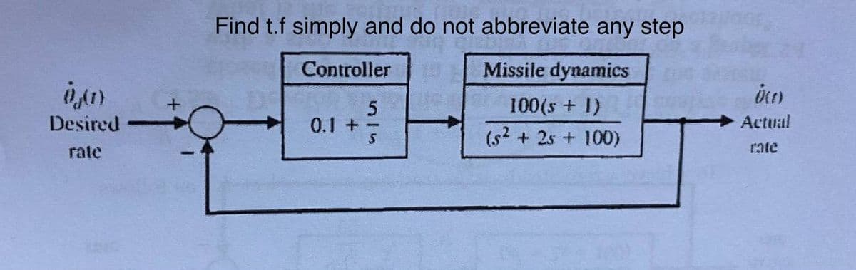 Find t.f simply and do not abbreviate any step
Controller
Missile dynamics
100(s + 1)
Desired
0.1 +-
Actual
(s? + 2s + 100)
rate
rate
