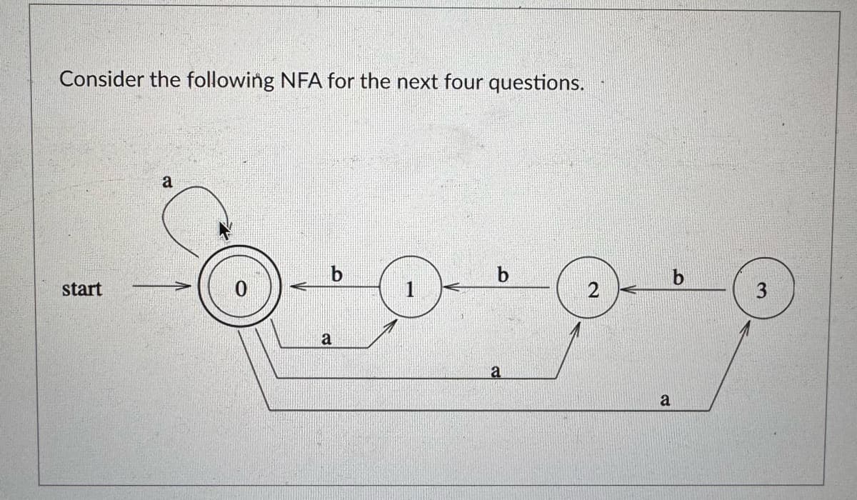 Consider the following NFA for the next four questions.
start
a
و: ومبه
a
a
2
a
b
3
