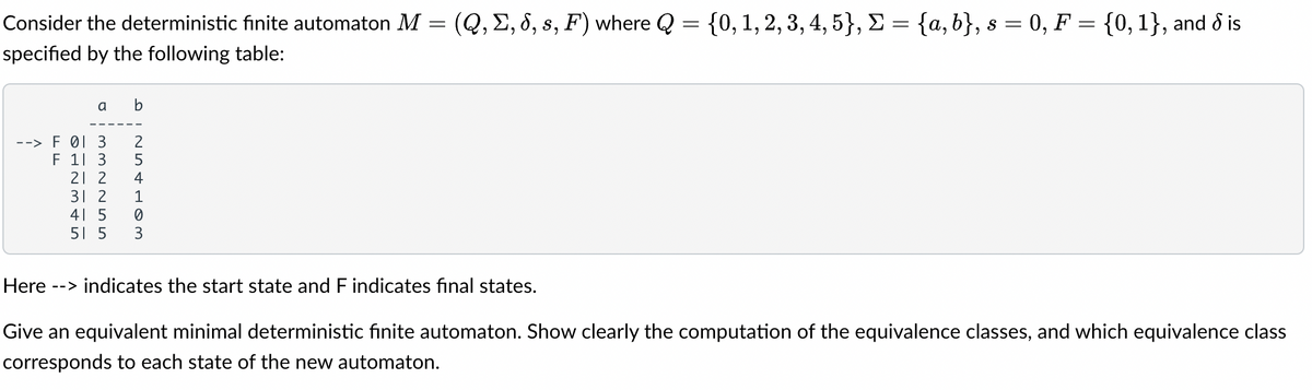 &
Consider the deterministic finite automaton M = (Q, Σ, 8, s, F) where Q = {0, 1, 2, 3, 4, 5}, Σ = {a,b}, s = 0, F = {0, 1}, and is
specified by the following table:
a b
--> F 01 3 2
F 13
21 2
31 2
254103
41 5
51 5
0
Here --> indicates the start state and F indicates final states.
Give an equivalent minimal deterministic finite automaton. Show clearly the computation of the equivalence classes, and which equivalence class
corresponds to each state of the new automaton.