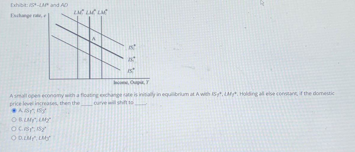 Exhibit: IS*-LM* and AD
Exchange rate, e
LM LM LM
IS
IS
IS*
ہے
Income, Output, Y
A small open economy with a floating exchange rate is initially in equilibrium at A with IS1*, LM1*. Holding all else constant, if the domestic
price level increases, then the curve will shift to
O A. IS1; IS3*
O B. LM1 LM2*
O C. IS1*; IS2
O D. LM1*; LM3*