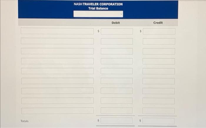 Totals
NASH TRAVELER CORPORATION
Trial Balance
Debit
Credit