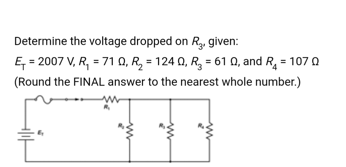 Determine the voltage dropped on R₂, given:
E₁=2007 V, R₁ = 71 Q, R₂ = 124 Q, R² = 61 º, and R² = 107 º
(Round the FINAL answer to the nearest whole number.)
E₁
R₁