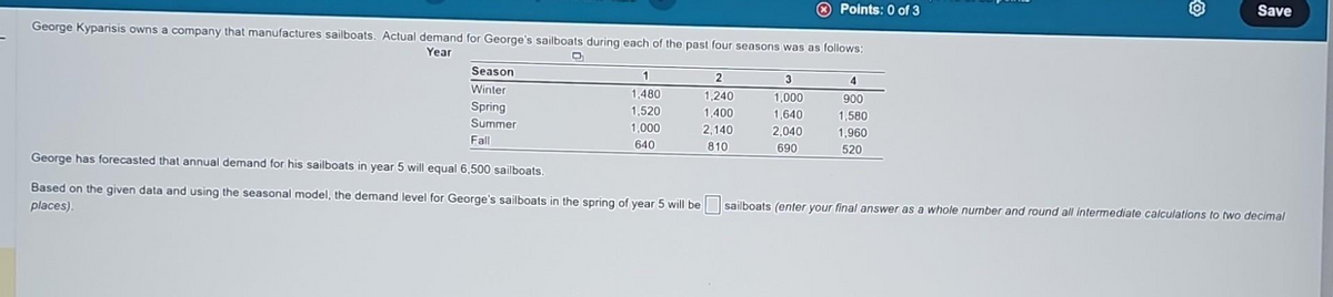 George Kyparisis owns a company that manufactures sailboats. Actual demand for George's sailboats during each of the past four seasons was as follows:
Year
Season
Winter
Spring
Summer
Fall
1
1,480
1,520
1,000
640
George has forecasted that annual demand for his sailboats in year 5 will equal 6,500 sailboats.
Based on the given data and using the seasonal model, the demand level for George's sailboats in the spring of year 5 will be
places).
2
1,240
1,400
2,140
810
Points: 0 of 3
3
1,000
1,640
2,040
690
4
900
1,580
1,960
520
Save
sailboats (enter your final answer as a whole number and round all intermediate calculations to two decimal