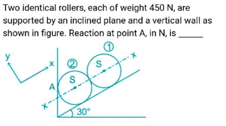 Two identical rollers, each of weight 450 N, are
supported by an inclined plane and a vertical wall as
shown in figure. Reaction at point A, in N, is
y
S
X-
30°
