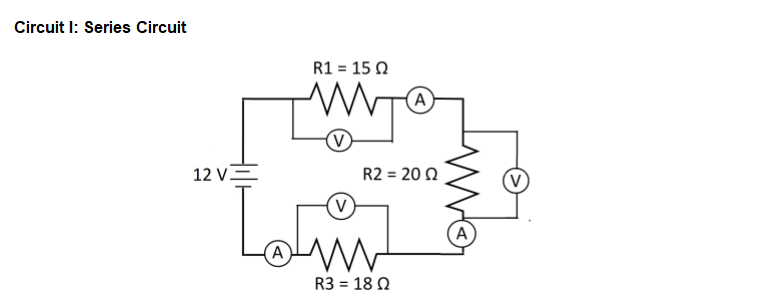 Circuit I: Series Circuit
R1 = 15 Q
A
(V
12 VE
R2 = 20 0
V
A
R3 = 18 2
%3D
