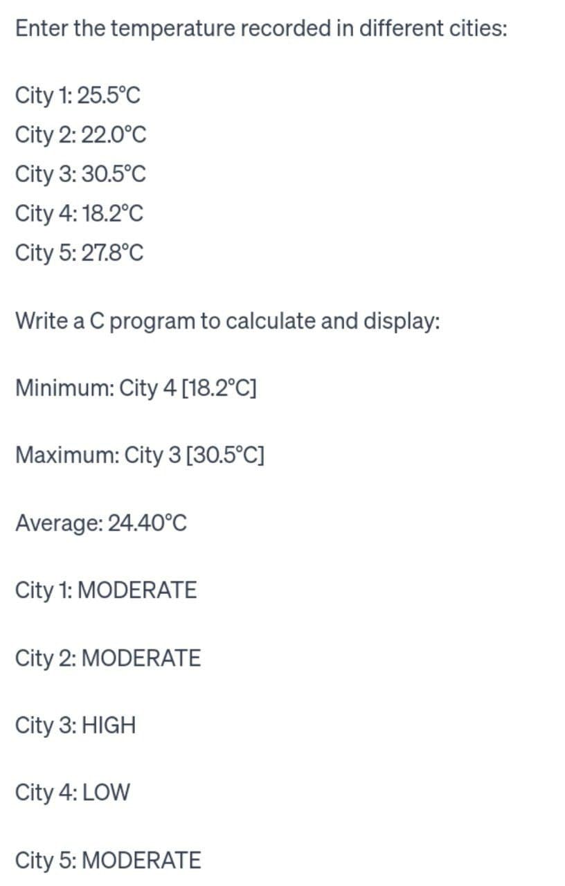 Enter the temperature recorded in different cities:
City 1: 25.5°C
City 2: 22.0°C
City 3:30.5°C
City 4:18.2°C
City 5: 27.8°C
Write a C program to calculate and display:
Minimum: City 4 [18.2°C]
Maximum: City 3 [30.5°C]
Average: 24.40°C
City 1: MODERATE
City 2: MODERATE
City 3: HIGH
City 4: LOW
City 5: MODERATE