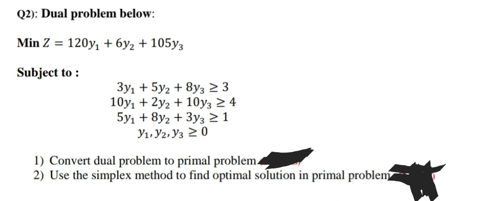 Q2): Dual problem below:
Min Z = 120y, + 6y2 + 105y3
Subject to :
Зу, + 5у2 + 8уз 23
10y, + 2y2 + 10y; > 4
5y1 + 8y2 + 3y3 2 1
У, Уг, Уз 2 0
1) Convert dual problem to primal problem.
2) Use the simplex method to find optimal solution in primal problem
