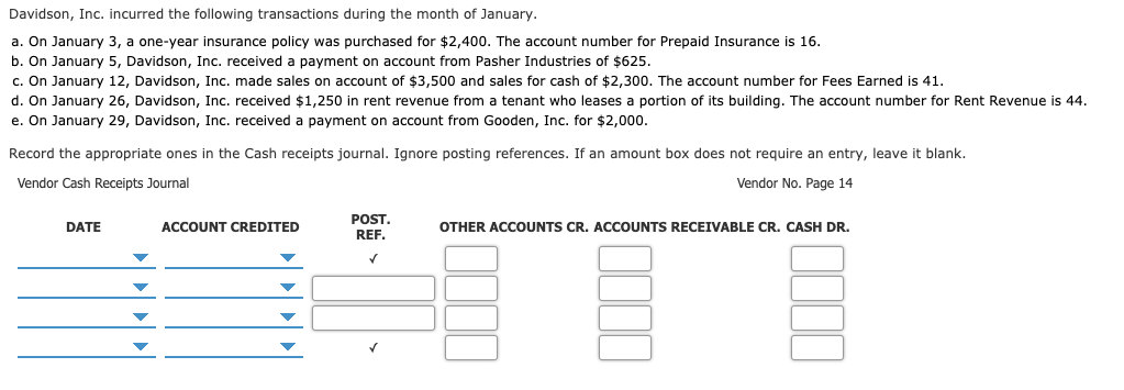 Davidson, Inc. incurred the following transactions during the month of January.
a. On January 3, a one-year insurance policy was purchased for $2,400. The account number for Prepaid Insurance is 16.
b. On January 5, Davidson, Inc. received a payment on account from Pasher Industries of $625.
c. On January 12, Davidson, Inc. made sales on account of $3,500 and sales for cash of $2,300. The account number for Fees Earned is 41.
d. On January 26, Davidson, Inc. received $1,250 in rent revenue from a tenant who leases a portion of its building. The account number for Rent Revenue
e. On January 29, Davidson, Inc. received a payment on account from Gooden, Inc. for $2,000.
is 44.
Record the appropriate ones
in the Cash receipts journal. Ignore
posting references. If
an amount
box does not require an
entry, leave it blank.
Vendor Cash Receipts Journal
Vendor No. Page 14
ACCOUNT CREDITED
OTHER ACCOUNTS CR. ACCOUNTS RECEIVABLE CR. CASH DR.
POST.
REF.
DATE
