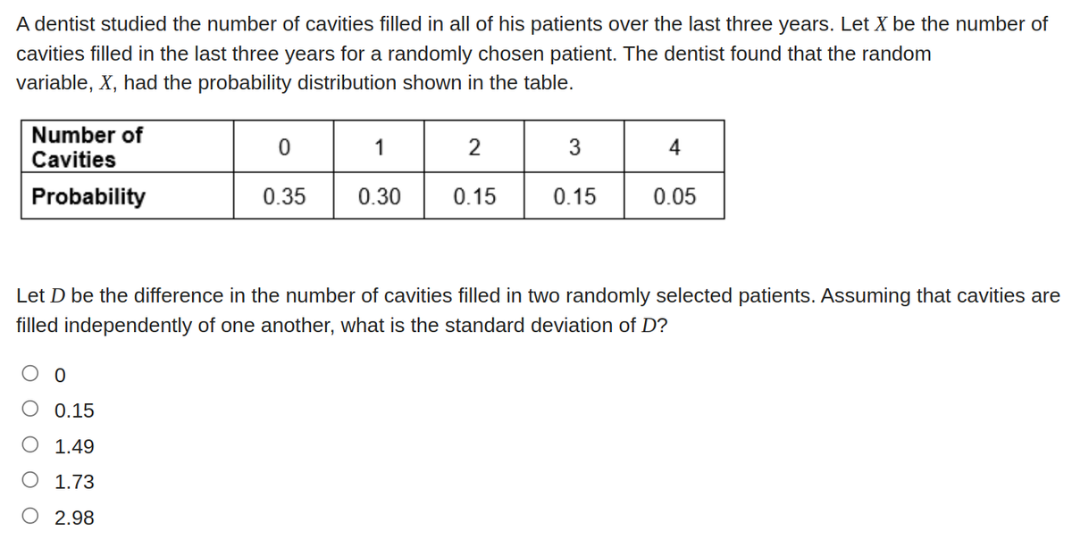 A dentist studied the number of cavities filled in all of his patients over the last three years. Let X be the number of
cavities filled in the last three years for a randomly chosen patient. The dentist found that the random
variable, X, had the probability distribution shown in the table.
Number of
Cavities
Probability
0
0.35
0
0.15
O 1.49
1.73
2.98
2
0.30 0.15
3
0.15
4
0.05
Let D be the difference in the number of cavities filled in two randomly selected patients. Assuming that cavities are
filled independently of one another, what is the standard deviation of D?