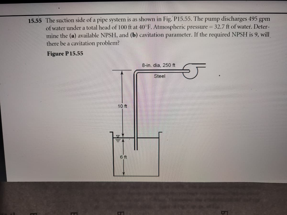15.55 The suction side of a pipe system is as shown in Fig. P15.55. The pump discharges 495
of water under a total head of 100 ft at 40°F. Atmospheric pressure 32.7 ft of water. Deter-
mine the (a) available NPSH, and (b) cavitation parameter. If the required NPSH is 9, will
there be a cavitation problem?
gpm
Figure P15.55
8-in, dia, 250 ft
Steel
10 ft
6 ft

