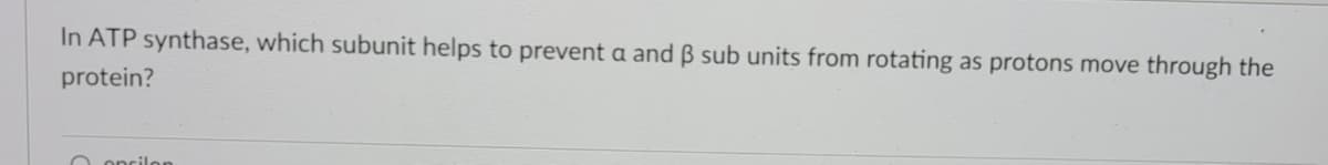 In ATP synthase, which subunit helps to prevent a and B sub units from rotating as protons move through the
protein?
O oncilor
