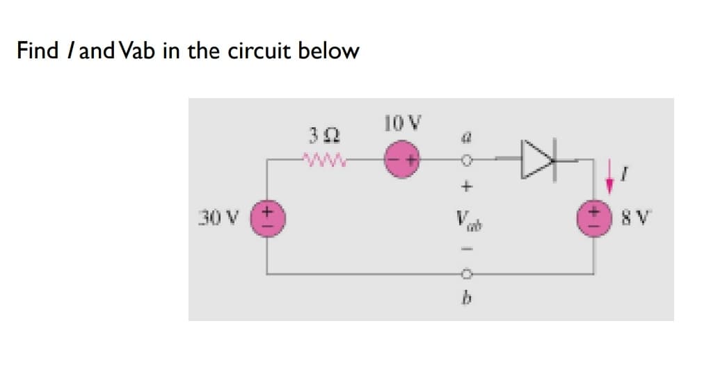 Find /and Vab in the circuit below
10 V
ww
+
30 V
V
8V
