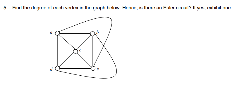 5. Find the degree of each vertex in the graph below. Hence, is there an Euler circuit? If yes, exhibit one.
