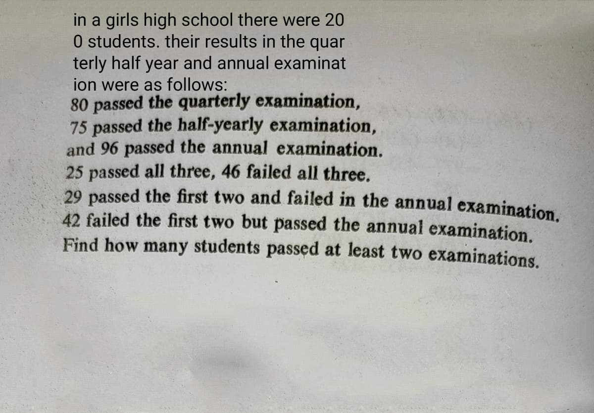 in a girls high school there were 20
O students. their results in the quar
terly half year and annual examinat
ion were as follows:
80 passed the quarterly examination,
75 passed the half-yearly examination,
and 96 passed the annual examination.
25 passed all three, 46 failed all three.
29 passed the first two and failed in the annual examination
42 failed the first two but passed the annual examination.
Find how many students passed at least two examinations.
