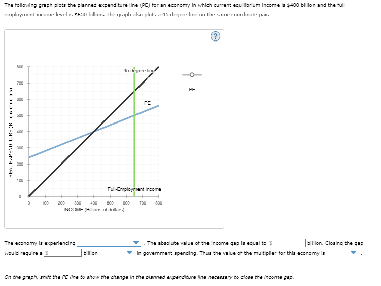 The following graph plots the planned expenditure line (PE) for an economy in which current equilibrium income is $400 billion and the full-
employment income level is $650 billion. The graph also plots a 45 degree line on the same coordinate pair.
REALEXPENDITURE (Billions of dollars)
800
700
600
500
400
300
200
100
0
0
100
200
300
400
45-degree line
PE
PE
Full-Employment Income
500
INCOME (Billions of dollars)
The economy is experiencing
would require a $
600
700
800
.The absolute value of the income gap is equal to $
billion. Closing the gap
billion
in government spending. Thus the value of the multiplier for this economy is
On the graph, shift the PE line to show the change in the planned expenditure line necessary to close the income gap.