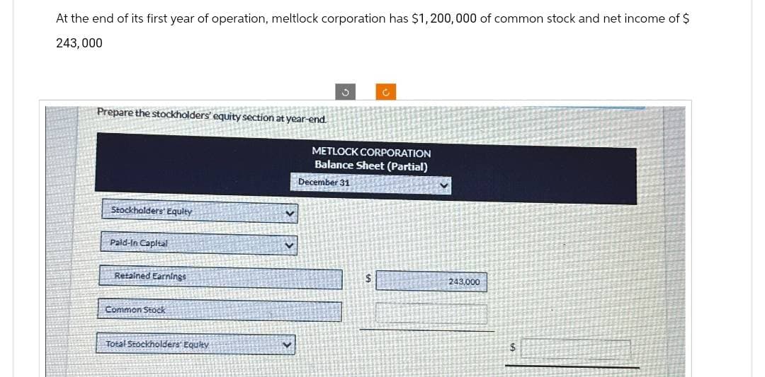 At the end of its first year of operation, meltlock corporation has $1,200,000 of common stock and net income of $
243,000
Prepare the stockholders' equity section at year-end.
METLOCK CORPORATION
Balance Sheet (Partial)
December 31
Stockholders' Equity
Paid-In Capital
Retained Earnings
Common Stock
Total Stockholders' Equity
$
243,000
$