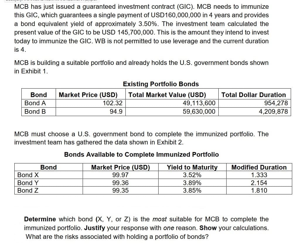 MCB has just issued a guaranteed investment contract (GIC). MCB needs to immunize
this GIC, which guarantees a single payment of USD160,000,000 in 4 years and provides
a bond equivalent yield of approximately 3.50%. The investment team calculated the
present value of the GIC to be USD 145,700,000. This is the amount they intend to invest
today to immunize the GIC. WB is not permitted to use leverage and the current duration
is 4.
MCB is building a suitable portfolio and already holds the U.S. government bonds shown
in Exhibit 1.
Existing Portfolio Bonds
Bond
Market Price (USD)
Total Market Value (USD)
Total Dollar Duration
Bond A
102.32
49,113,600
954,278
Bond B
94.9
59,630,000
4,209,878
MCB must choose a U.S. government bond to complete the immunized portfolio. The
investment team has gathered the data shown in Exhibit 2.
Bonds Available to Complete Immunized Portfolio
Yield to Maturity
3.52%
Modified Duration
Market Price (USD)
99.97
Bond
Bond X
1.333
Bond Y
99.36
3.89%
2.154
Bond Z
99.35
3.85%
1.810
Determine which bond (X, Y, or Z) is the most suitable for MCB to complete the
immunized portfolio. Justify your response with one reason. Show your calculations.
What are the risks associated with holding a portfolio of bonds?
