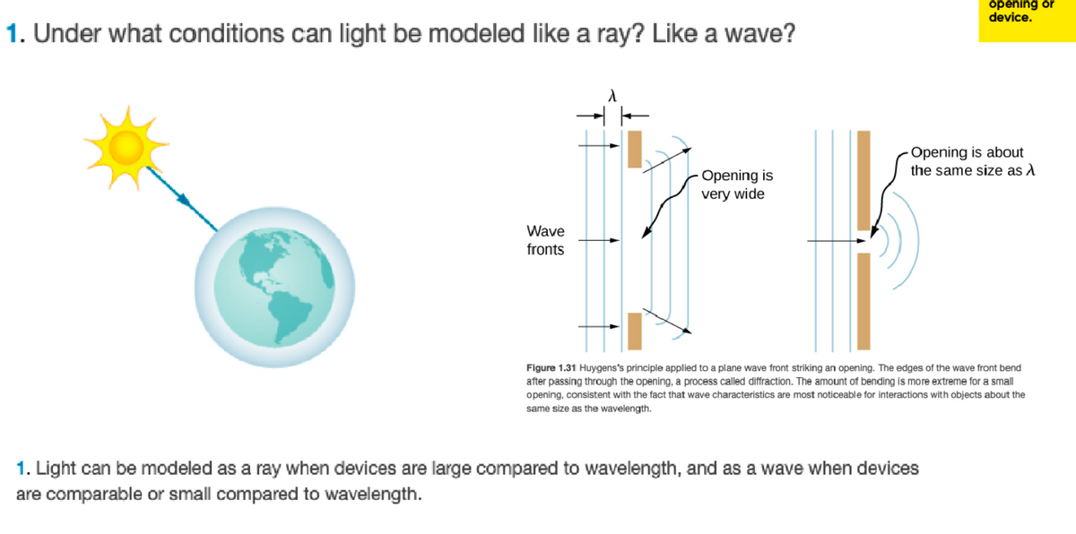 1. Under what conditions can light be modeled like a ray? Like a wave?
Wave
fronts
Opening is
very wide
opening or
device.
Opening is about
the same size as
Figure 1.31 Huygens's principle applied to a plane wave front striking an opening. The edges of the wave front bend
after passing through the opening, a process called diffraction. The amount of bending is more extreme for a small
opening, consistent with the fact that wave characteristics are most noticeable for interactions with objects about the
same size as the wavelength.
1. Light can be modeled as a ray when devices are large compared to wavelength, and as a wave when devices
are comparable or small compared to wavelength.