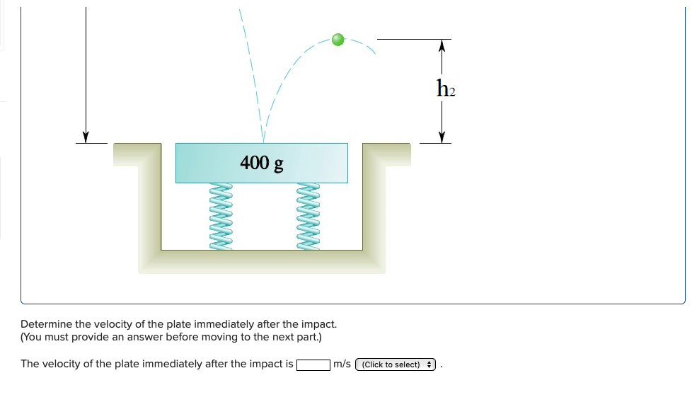 h2
400 g
Determine the velocity of the plate immediately after the impact.
(You must provide an answer before moving to the next part.)
The velocity of the plate immediately after the impact is m/s (Click to select) +
