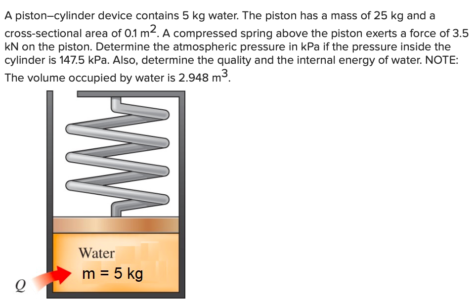 A piston-cylinder device contains 5 kg water. The piston has a mass of 25 kg and a
cross-sectional area of 0.1 m2. A compressed spring above the piston exerts a force of 3.5
kN on the piston. Determine the atmospheric pressure in kPa if the pressure inside the
cylinder is 147.5 kPa. Also, determine the quality and the internal energy of water. NOTE:
The volume occupied by water is 2.948 m3.
Water
m = 5 kg
