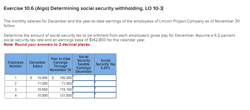 Exercise 10.6 (Algo) Determining social security withholding. LO 10-3
The monthly salaries for December and the year-to-date earnings of the employees of Lincoln Project Company as of November 30
follow.
Determine the amount of social security tax to be withheld from each employee's gross pay for December. Assume a 6.2 percent
social security tax rate and an earnings base of $142,800 for the calendar year.
Note: Round your answers to 2 decimal places.
Employee December
Number
Salary
1
2
3
4
Year-to-Date
Earnings
Through
November 30
$ 10,900 $ 100,000
11,000
71,000
10,560
15,000
116,160
131,650
Social
Security
Social
Taxable Security Tax
Earnings 6.20%
December