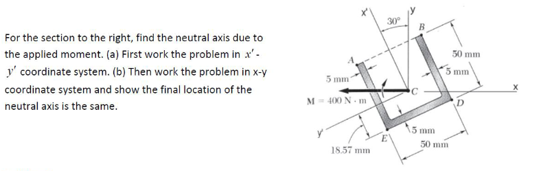 For the section to the right, find the neutral axis due to
the applied moment. (a) First work the problem in x'-
y coordinate system. (b) Then work the problem in x-y
coordinate system and show the final location of the
neutral axis is the same.
5 mm
M = 400 N·m
18.57 mm
30°
5 mm
50 mm
5 mm
50 mm
O