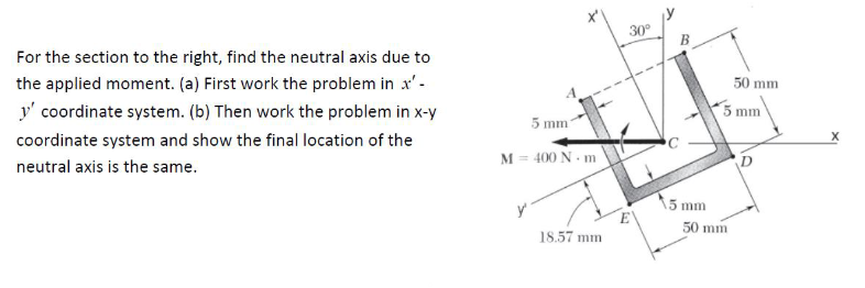 For the section to the right, find the neutral axis due to
the applied moment. (a) First work the problem in x' -
y' coordinate system. (b) Then work the problem in x-y
coordinate system and show the final location of the
neutral axis is the same.
5 mm
M = 400 N·m
18.57 mm
30°
(₂
5 mm
50 mm
5
50 mm
mm
D
