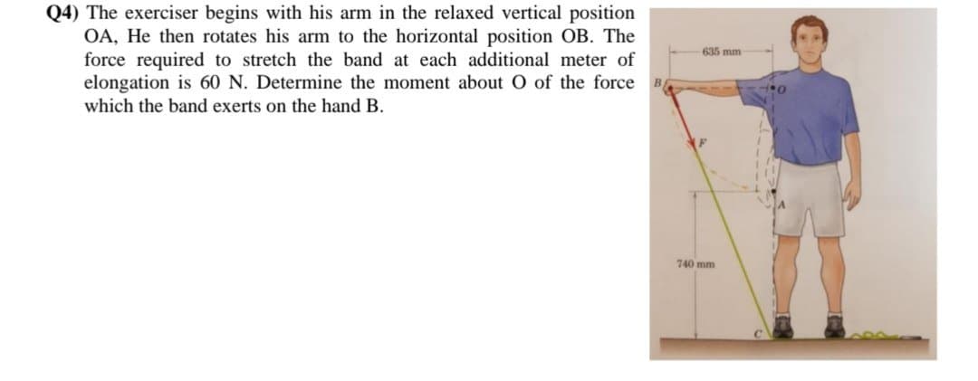 Q4) The exerciser begins with his arm in the relaxed vertical position
OA, He then rotates his arm to the horizontal position OB. The
force required to stretch the band at each additional meter of
elongation is 60 N. Determine the moment about O of the force
which the band exerts on the hand B.
635 mm
740 mm