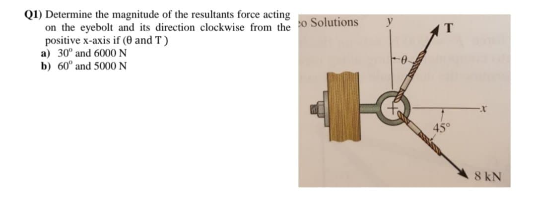Q1) Determine the magnitude of the resultants force acting
on the eyebolt and its direction clockwise from the co Solutions
positive x-axis if (0 and T)
a) 30° and 6000 N
b) 60° and 5000 N
y
-0-
T
8 kN