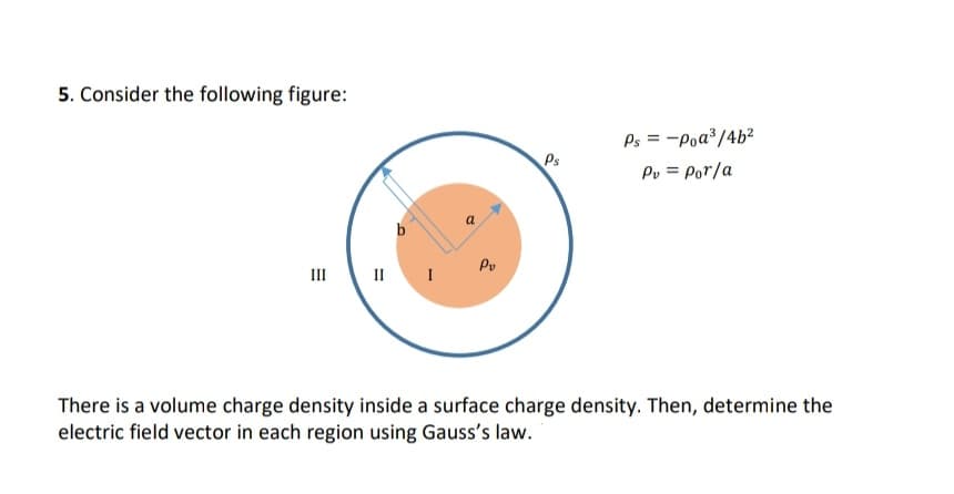 5. Consider the following figure:
Pv
III
II
Ps
Ps = -Poa³/4b²
Pv = Por/a
There is a volume charge density inside a surface charge density. Then, determine the
electric field vector in each region using Gauss's law.