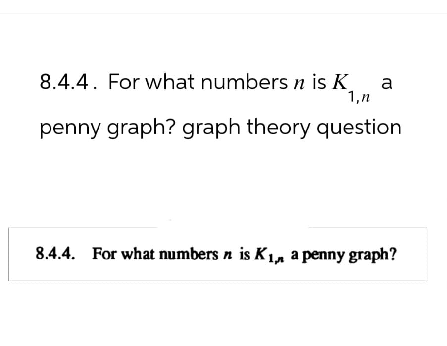 8.4.4. For what numbers n is K
1,n
a
penny graph? graph theory question
8.4.4. For what numbers n is K₁, a penny graph?