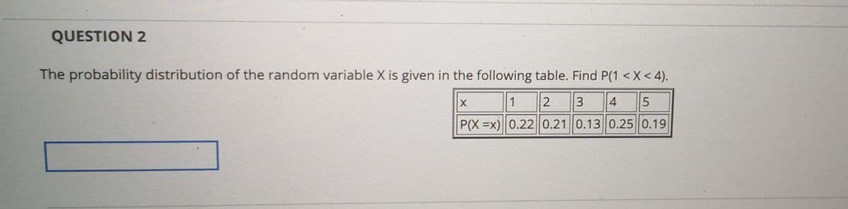 QUESTION 2
The probability distribution of the random variable X is given in the following table. Find P(1 < X < 4).
1
2
3
4
P(X =x) 0.220.21 0.13 0.25 0.19
