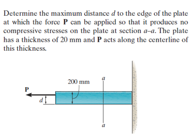 Determine the maximum distance d to the edge of the plate
at which the force P can be applied so that it produces no
compressive stresses on the plate at section a-a. The plate
has a thickness of 20 mm and P acts along the centerline of
this thickness.
200 mm
a
