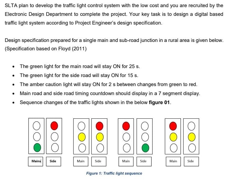 SLTA plan to develop the traffic light control system with the low cost and you are recruited by the
Electronic Design Department to complete the project. Your key task is to design a digital based
traffic light system according to Project Engineer's design specification.
Design specification prepared for a single main and sub-road junction in a rural area is given below.
(Specification based on Floyd (2011)
• The green light for the main road will stay ON for 25 s.
•
The green light for the side road will stay ON for 15 s.
• The amber caution light will stay ON for 2 s between changes from green to red.
• Main road and side road timing countdown should display in a 7 segment display.
• Sequence changes of the traffic lights shown in the below figure 01.
Mains
Side
Main
Side
Main
Side
Figure 1: Traffic light sequence
Main
Side