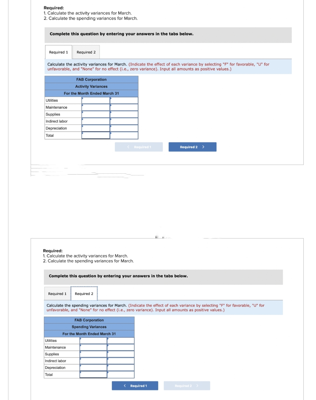 Required:
1. Calculate the activity variances for March.
2. Calculate the spending variances for March.
Complete this question by entering your answers in the tabs below.
Required 1 Required 2
Calculate the activity variances for March. (Indicate the effect of each variance by selecting "F" for favorable, "U" for
unfavorable, and "None" for no effect (i.e., zero variance). Input all amounts as positive values.)
FAB Corporation
Activity Variances
For the Month Ended March 31
Utilities
Maintenance
Supplies
Indirect labor
Depreciation
Total
Required:
1. Calculate the activity variances for March.
2. Calculate the spending variances for March.
Required 1 Required 2
Complete this question by entering your answers in the tabs below.
< Required 1
FAB Corporation
Spending Variances
For the Month Ended March 31
Calculate the spending variances for March. (Indicate the effect of each variance by selecting "F" for favorable, "U" for
unfavorable, and "None" for no effect (i.e., zero variance). Input all amounts as positive values.)
Utilities
Maintenance
Supplies
Indirect labor
Depreciation
Total
<
Required 2 >
Required 1
Required 2 >