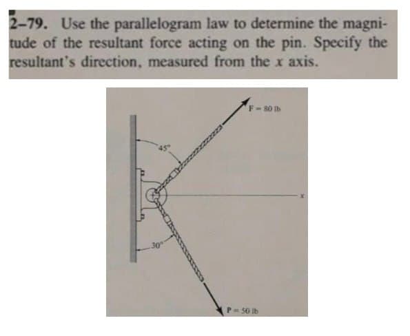 2-79. Use the parallelogram law to determine the magni-
tude of the resultant force acting on the pin. Specify the
resultant's direction, measured from the x axis.
F-80 lb
P = 50 lb