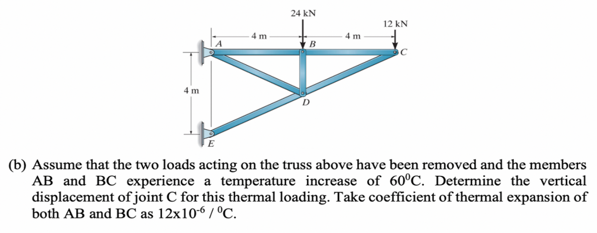 4 m
E
4 m
24 kN
B
4 m
12 kN
C
(b) Assume that the two loads acting on the truss above have been removed and the members
AB and BC experience a temperature increase of 60°C. Determine the vertical
displacement of joint C for this thermal loading. Take coefficient of thermal expansion of
both AB and BC as 12x10-6 / °C.