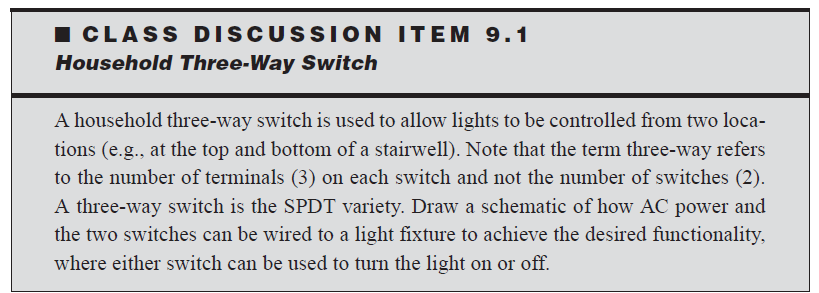 I CLASS DISCUSSION ITEM 9.1
Household Three-Way Switch
A household three-way switch is used to allow lights to be controlled from two loca-
tions (e.g., at the top and bottom of a stairwell). Note that the term three-way refers
to the number of terminals (3) on each switch and not the number of switches (2).
A three-way switch is the SPDT variety. Draw a schematic of how AC power and
the two switches can be wired to a light fixture to achieve the desired functionality,
where either switch can be used to turn the light on or off.
