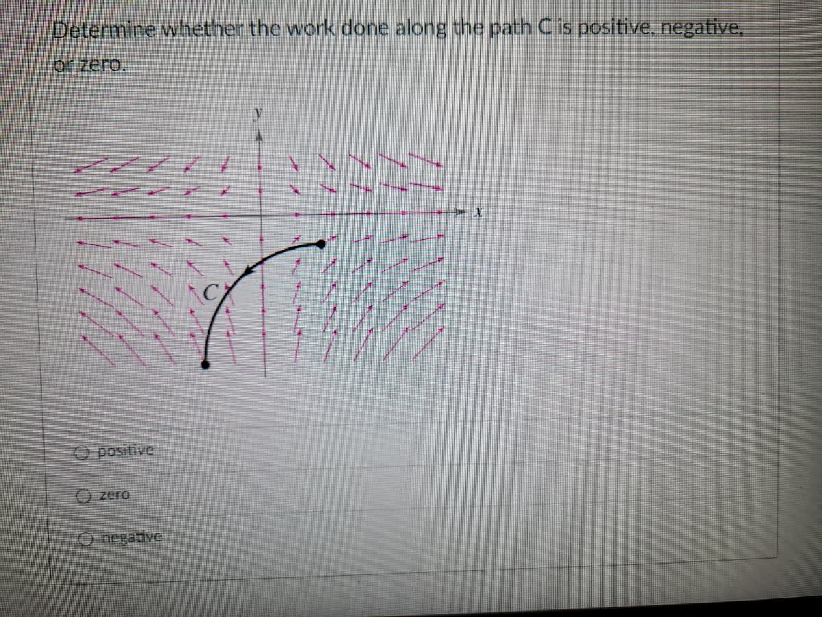 Determine whether the work done along the path C is positive, negative,
or zero.
O positive
Ozero
O negative
X