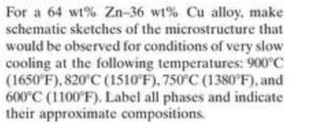 For a 64 wt% Zn-36 wt% Cu alloy, make
schematic sketches of the microstructure that
would be observed for conditions of very slow
cooling at the following temperatures: 900°C
(1650 F), 820°C (1510 F), 750°C (1380°F), and
600°C (1100 F). Label all phases and indicate
their approximate compositions.
