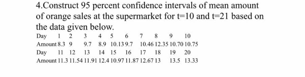 4.Construct 95 percent confidence intervals of mean amount
of orange sales at the supermarket for t=10 and t=21 based on
the data given below.
1 2
Day
3
4
7
8
9.
10
Amount 8.3 9
9.7
8.9 10.13 9.7
10.46 12.35 10.70 10.75
Day
11 12
13
14
15
16
17
18
19
20
Amount 11.3 11.54 11.91 12.4 10.97 11.87 12.67 13
13.5 13.33
